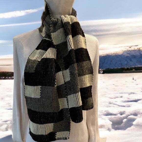 Vintage Accessories - Checkered Knit Scarf Chenille Like Cozy Wrap Stitches by Everitt  USA